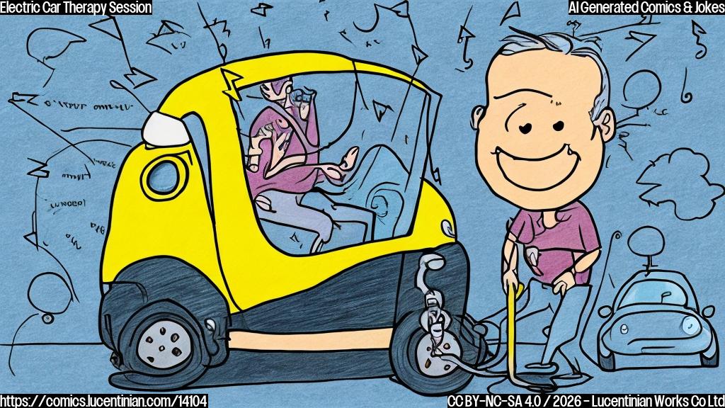 Draw a cartoon of an electric car with a confused expression and a therapist in a couch, surrounded by anxiety symbols (e.g. worried faces, thought bubbles). The electric car should be colored in soothing blue hues.