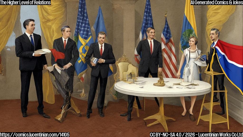 A cartoon image of a diplomat standing on a ladder with a confident expression, facing a table where two officials from different countries are seated, with a subtle hint of Venezuela in the background. The diplomat is holding a small suitcase with a country flag attached to it, while the other two officials look intrigued and slightly uncomfortable.