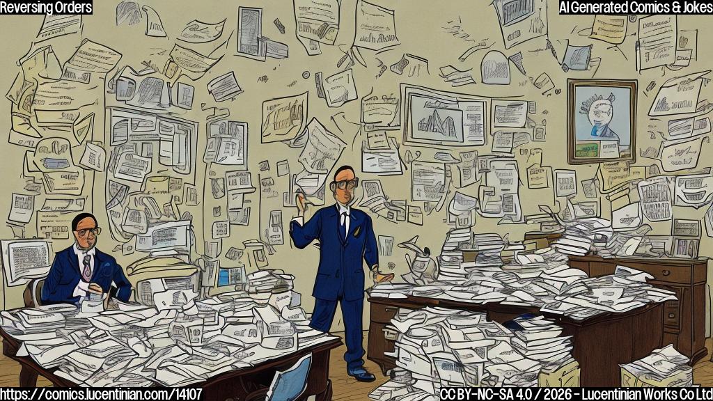 Describe a plain color cartoon-style picture of a person (Zohran Mamdani) in a large office, surrounded by papers and executive orders on a desk. The person is holding a pen in their hand, with a thought bubble above their head showing a person (Eric Adams) being pulled away from the orders. The background should have a cityscape or New York City skyline. Use a neutral color palette, such as shades of gray and beige.