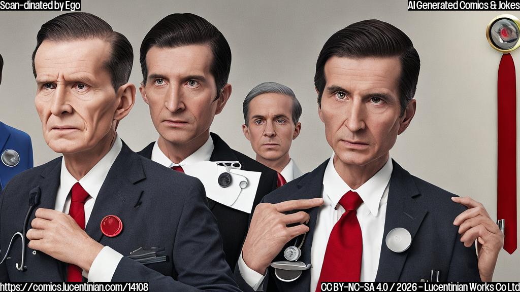 A confident person with a comb-over haircut and a red tie wearing a suit with a big golden eagle pin on his lapel is sitting in front of a doctor's desk, while the doctor is holding a clipboard with a CT scan image on it. The doctor has a surprised expression on their face.