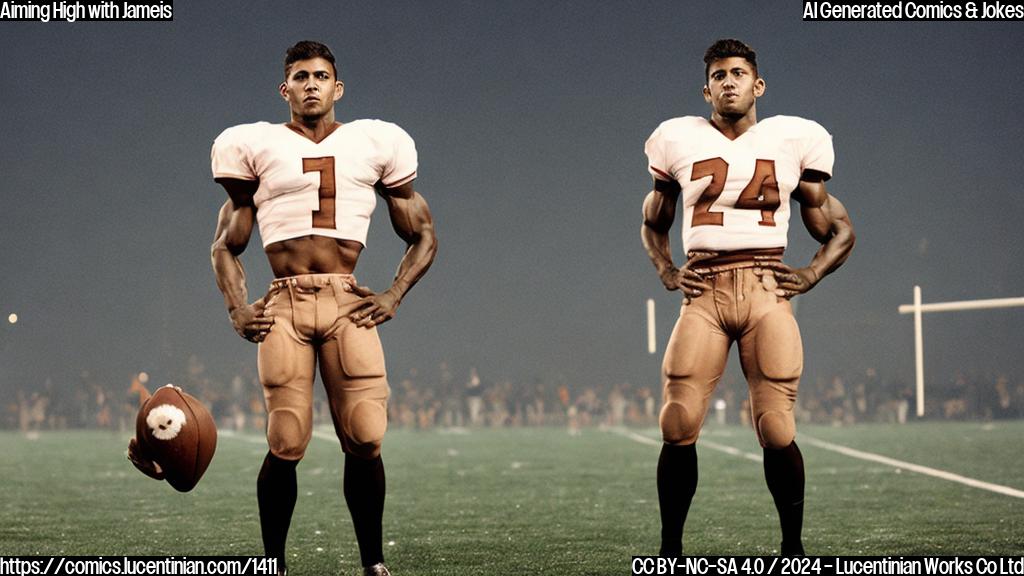 a muscular human in a football uniform, wearing a brown jersey and holding a ladder, standing on a football field at night under stadium lights