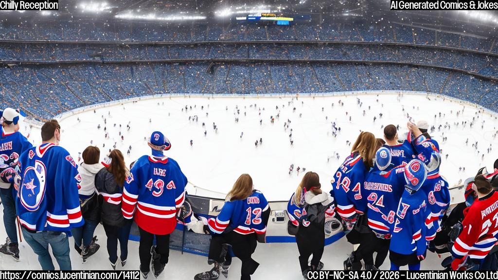 A group of people in hockey jerseys, with some wearing Panthers' gear and others Rangers', standing outside an open-roof stadium on a sunny day with snowflakes falling. The fans are bundled up with blankets and scarves, excitedly chatting and taking photos with the Stanley Cup in the background. The roof is partially open to reveal the ice rink inside, where players from both teams are about to face off in a high-energy hockey game.