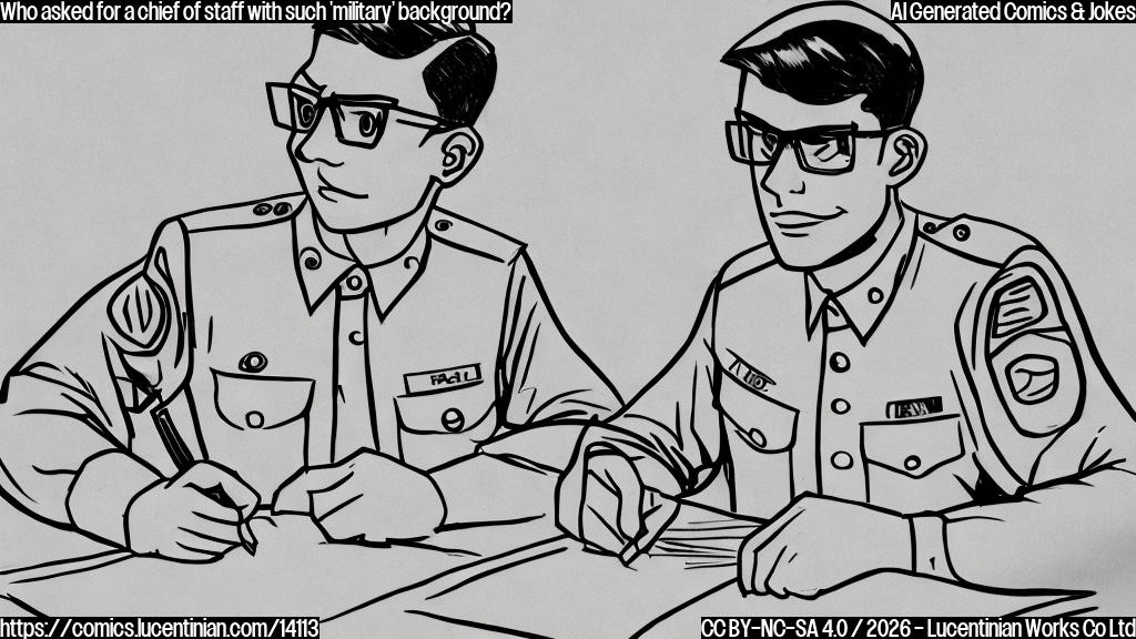 Draw a cartoon-style image of a bespectacled man in a military uniform, sitting at a desk with a roll of paper and a pen, looking relaxed while wearing a tieless shirt.
