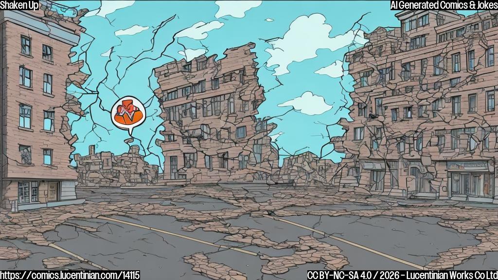 Draw a cartoon style picture of a road with cracks and potholes, with a hospital building in the background having broken windows and damaged walls. The road is leaning slightly to one side, as if it has been knocked off balance. In the foreground, a speech bubble comes out of the mouth of the road, with the words "I've been shaken by what happened here" written inside it.