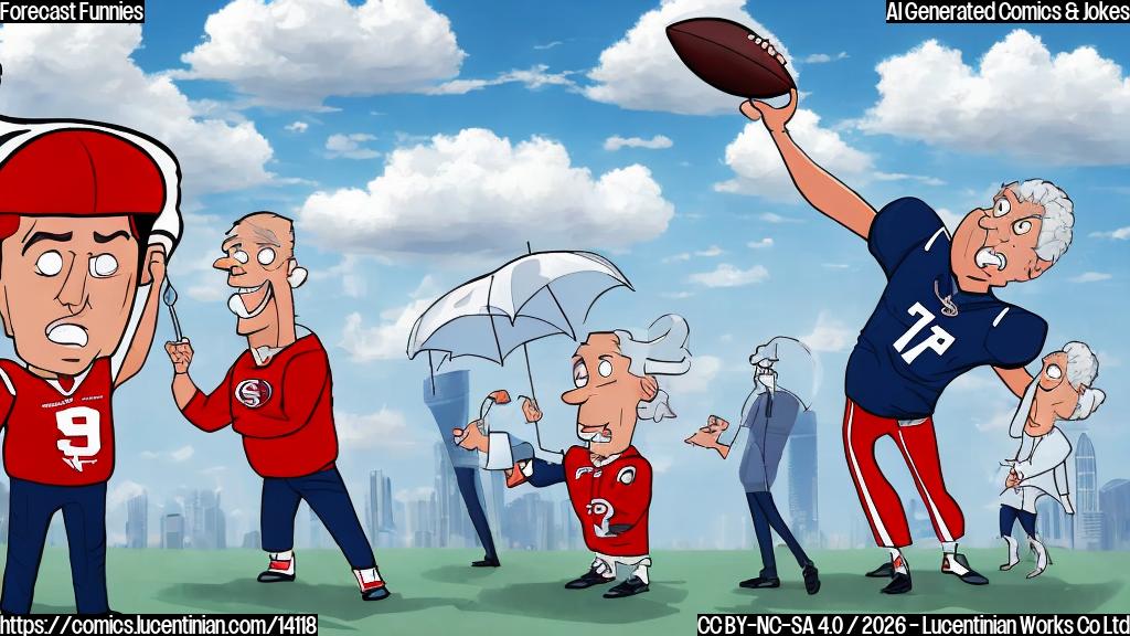 a cartoon of a weatherman with a worried expression, holding an umbrella, standing in front of a cloudy sky with a quarterback wearing the 49ers uniform throwing a football, and a calendar showing Saturday's date
