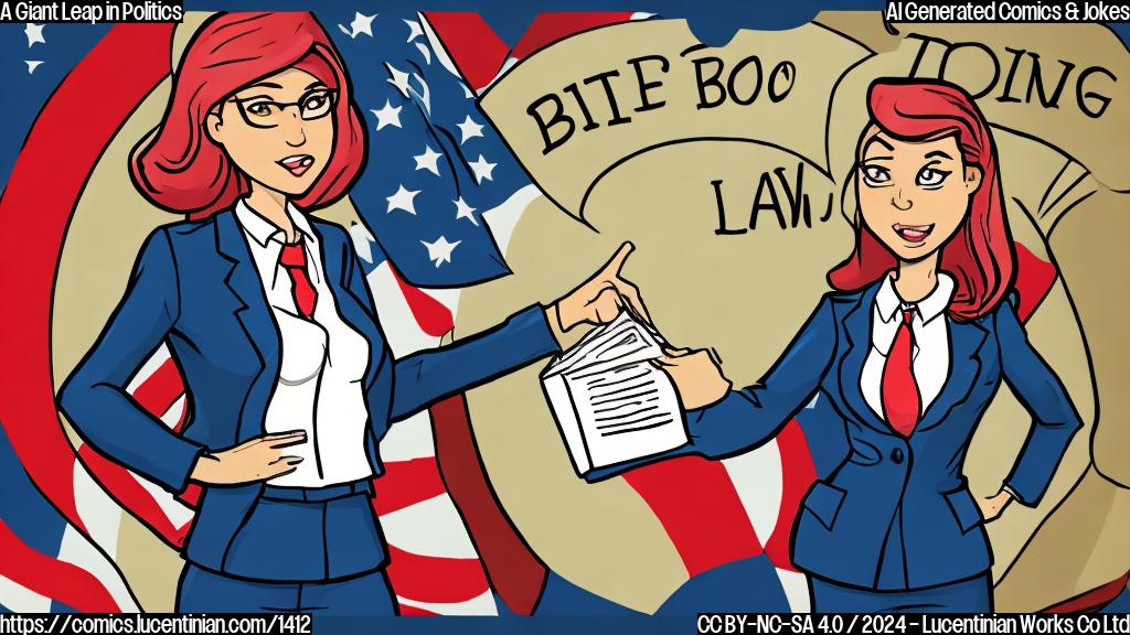 Draw a cartoon style image of a confident woman in a suit with a badge, standing in front of a giant American flag, with a speech bubble saying 'big words' and a thought bubble above her head showing a law book with a giant key on it.