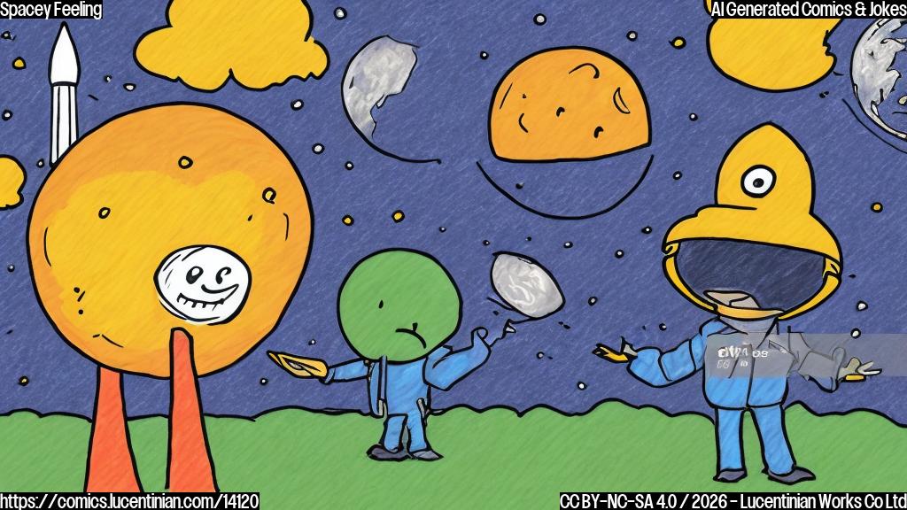 Draw a simple cartoon of a smiling Earth with a thought bubble containing a person wearing a helmet and looking concerned, standing in front of a rocket ship.
