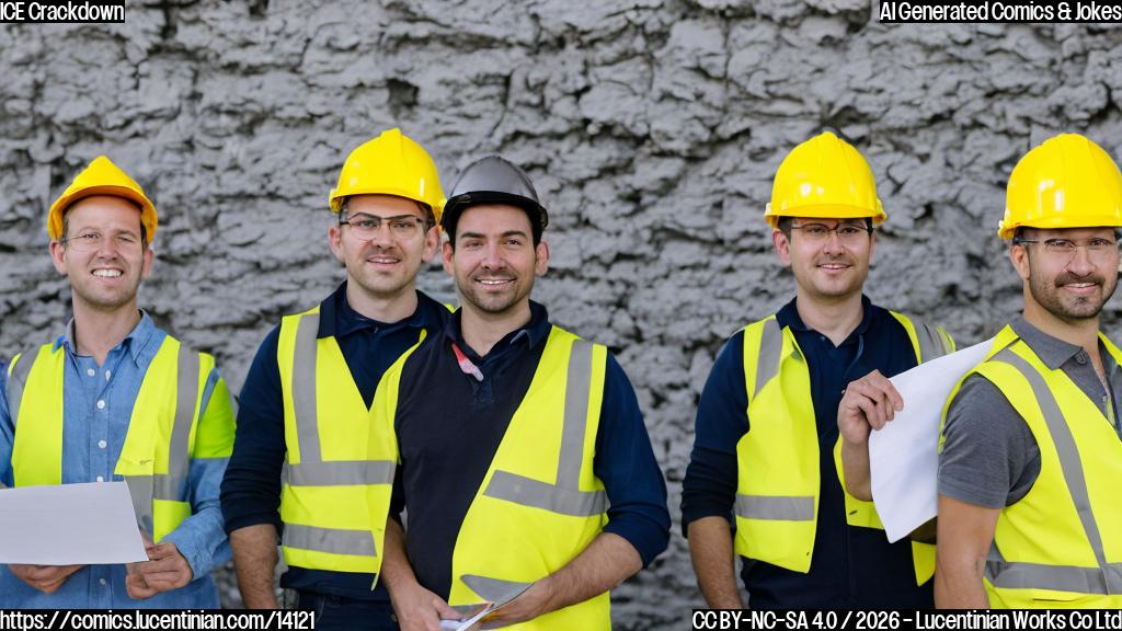 A group of workers in hard hats and yellow vests standing in front of a half-built wall, with one worker looking nervous and holding a clipboard, while another looks smug and holds up a W-4 form