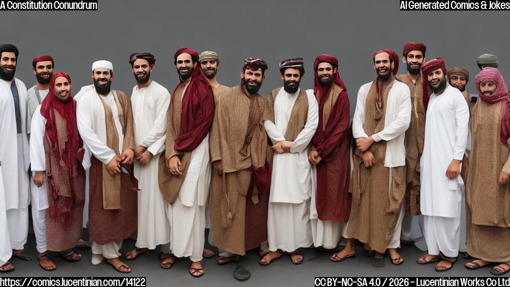 A group of people wearing traditional South Yemeni attire, standing in front of a simple white background, with one of them holding a briefcase and smiling. The other group members are shown in the background, looking stern and uninterested.