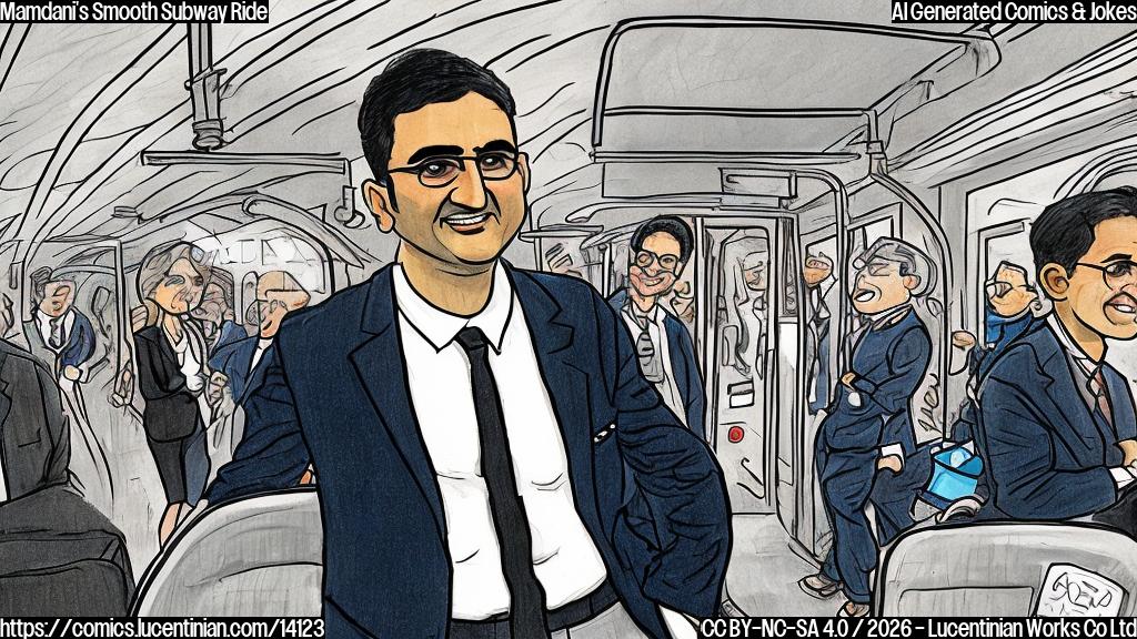 Draw a plain color cartoon style picture of a person (Zohran Mamdani) in a suit, wearing a NYC mayoral badge, riding an empty subway train with smiling commuters in the background.