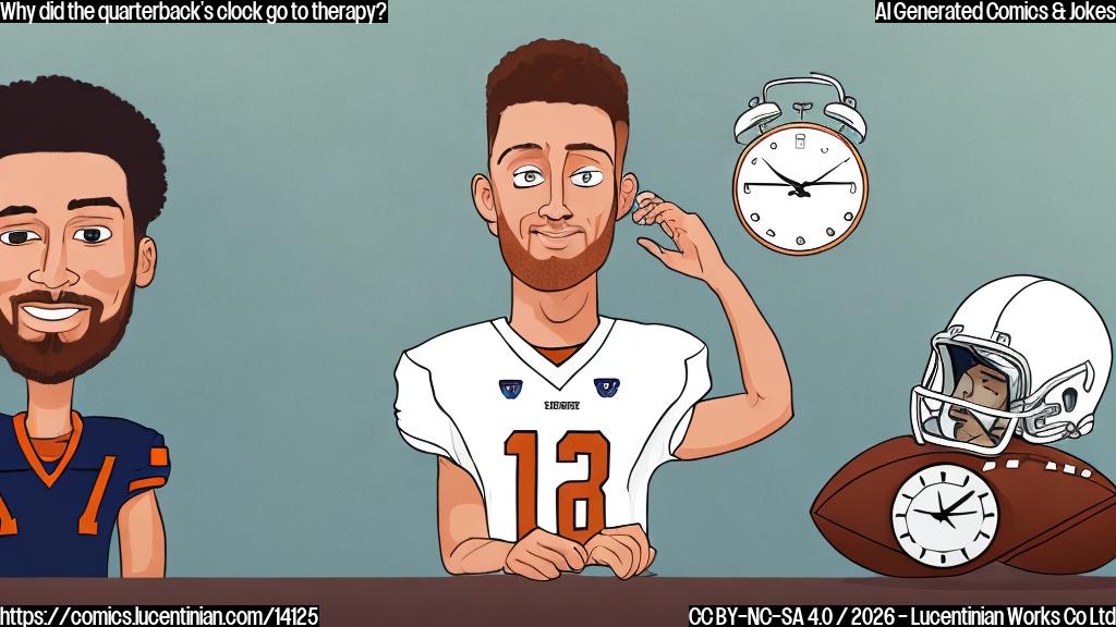 A cartoon of a football player with a clock for a head, looking stressed and fidgety, with a therapist (a wise-looking football helmet) in the background. The football field should be blurred or faded out to emphasize the emotional state of the quarterback's clock.
