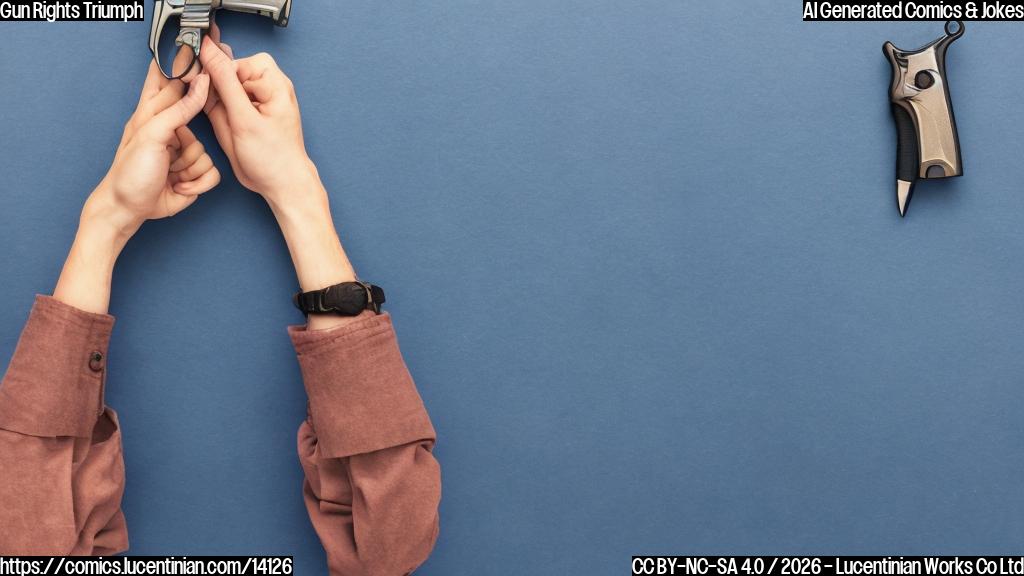 Draw a plain color cartoon style picture of a person holding a pistol in one hand and a calendar or planner in the other, with a confused expression on their face. The background should have a subtle gradient of blue colors representing feelings of calmness and serenity.