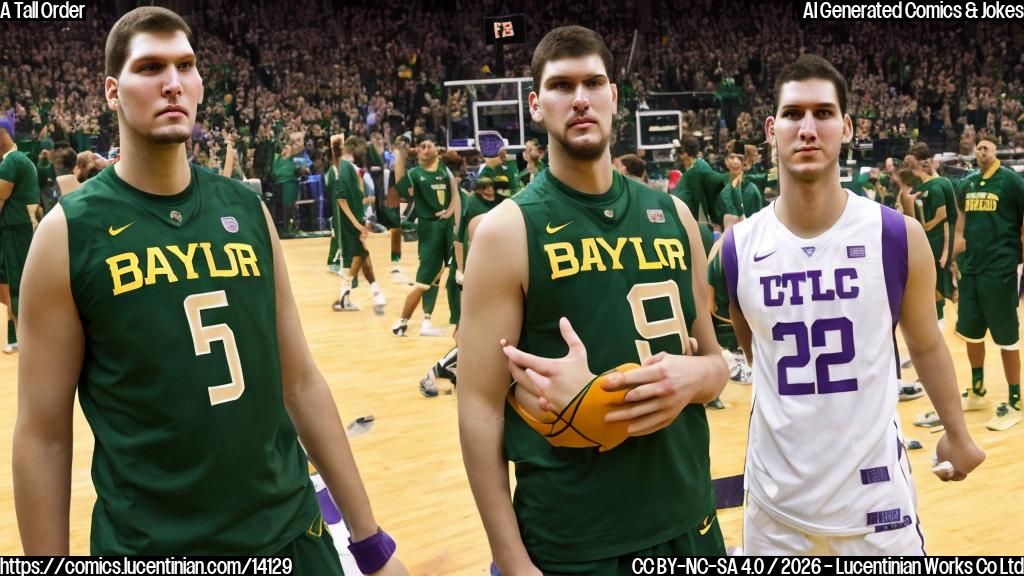 Describe a 7-foot center wearing a Baylor basketball jersey with four fouls on his face, standing in front of a TCU basketball court with a disappointed crowd in the background.