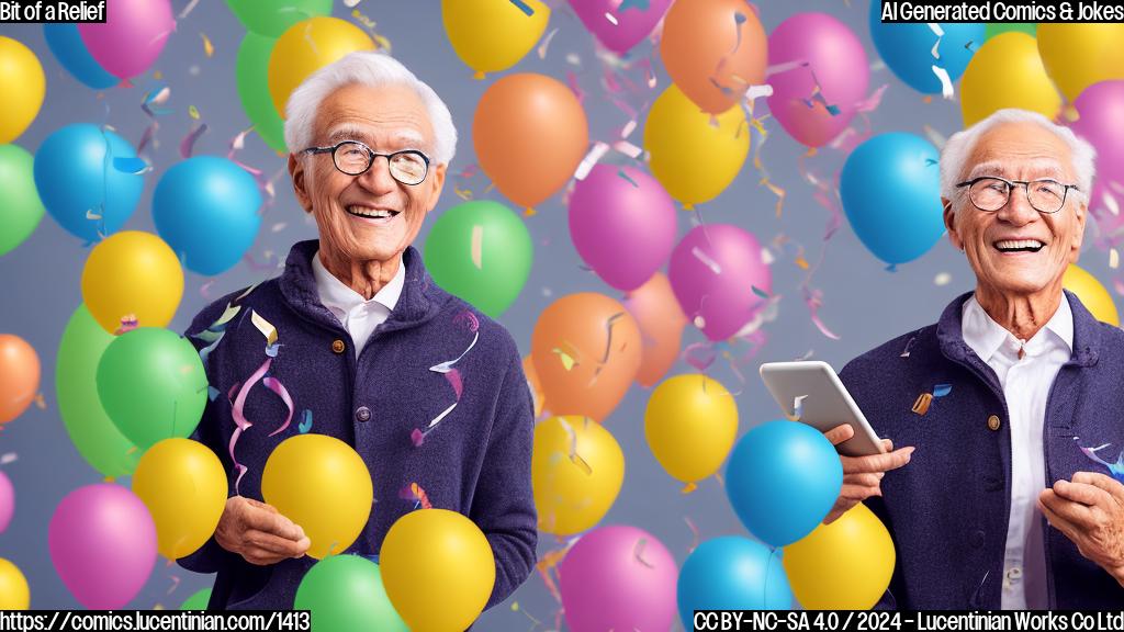 A smiling senior citizen holding a tablet with a cryptocurrency app open, surrounded by balloons and confetti, with a surprised expression on their face.