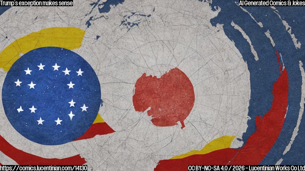 A cartoon of a globe with a red circle around the continent of South America, and inside the circle, a giant oil pump with a flag of Venezuela waving above it. The American flag is seen in the background, with a subtle "X" marked through it to indicate exception.