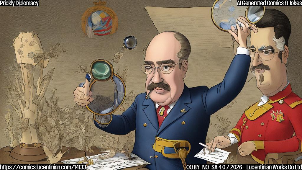A cartoon-style illustration of a president (with a distinctive hairstyle) with a magnifying glass, looking at a figure (Maduro) with a spiky, thorny exterior, which is being gently poked and prodded by the magnifying glass, while a background of diplomatic papers and flags are visible.