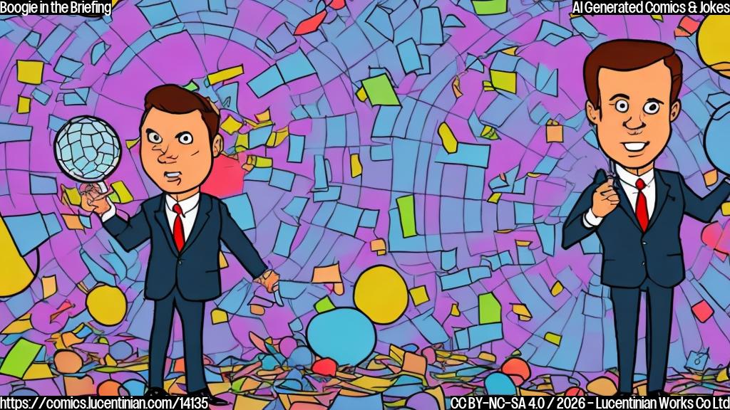 Draw a plain color cartoon style picture of a news anchor with a disco ball in hand, standing in front of a chaotic newsroom background. The anchor should be surrounded by papers, cameras, and other news equipment, with a confused expression on their face.