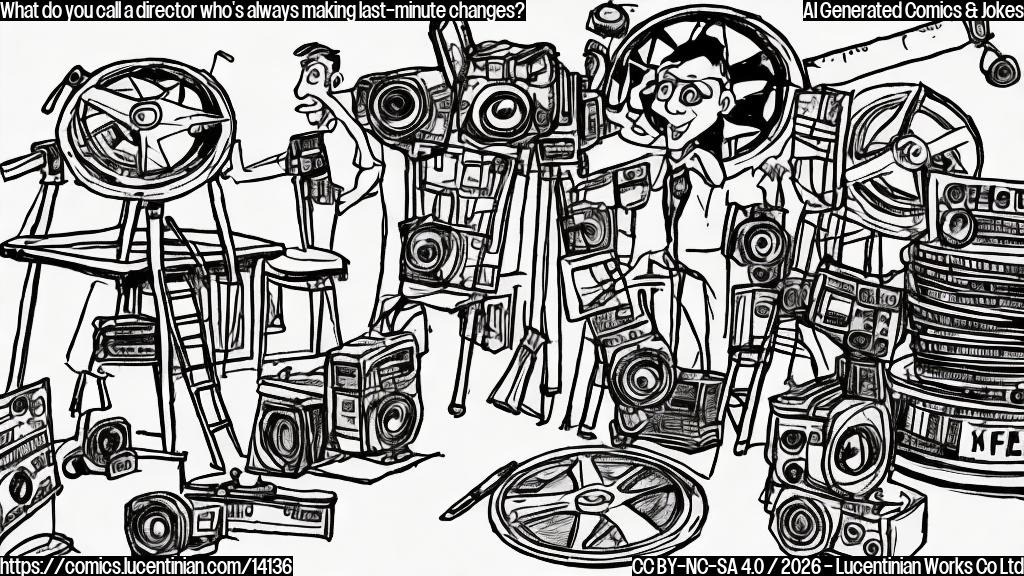 Draw a simple cartoon of a person on set with a ladder, surrounded by film reels and cameras. The person should be holding a clipboard with some scribbled notes, indicating they are making changes to the script at the last minute.