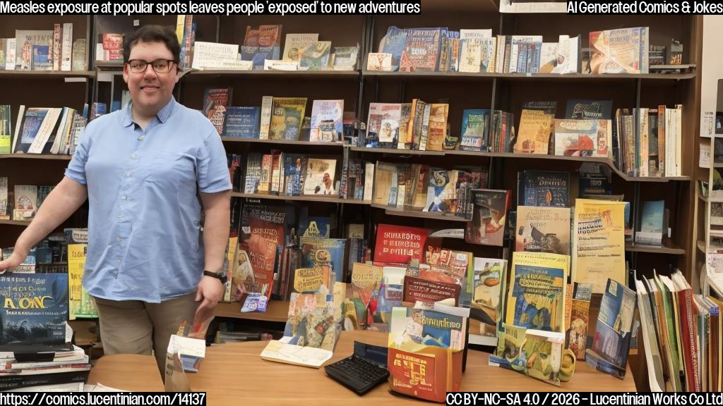 A person with measles standing in front of a bookshelf in a library, surrounded by books and papers, with a shopping cart filled with electronic devices from Best Buy in the background, and eating a salad at a downtown restaurant table.