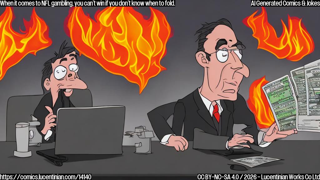 A cartoon of a person sitting at a desk with a computer screen displaying Jimmy's NFL betting picks. The person is surrounded by flames and smoke, with a confused expression on their face.