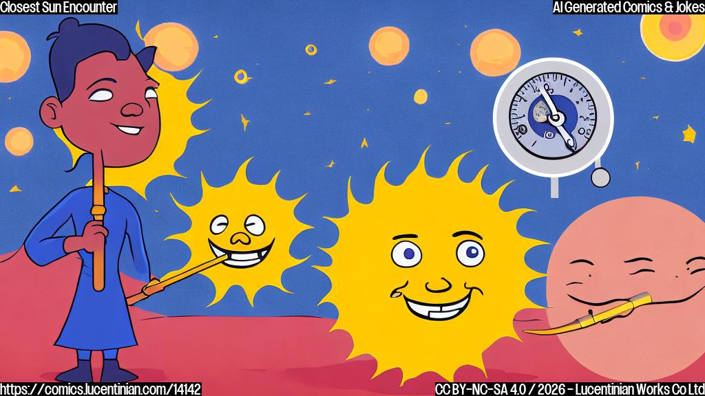 a cartoon of a smiling sun with a thermometer in its hand, next to a planet with a fiery aura and a surprised expression