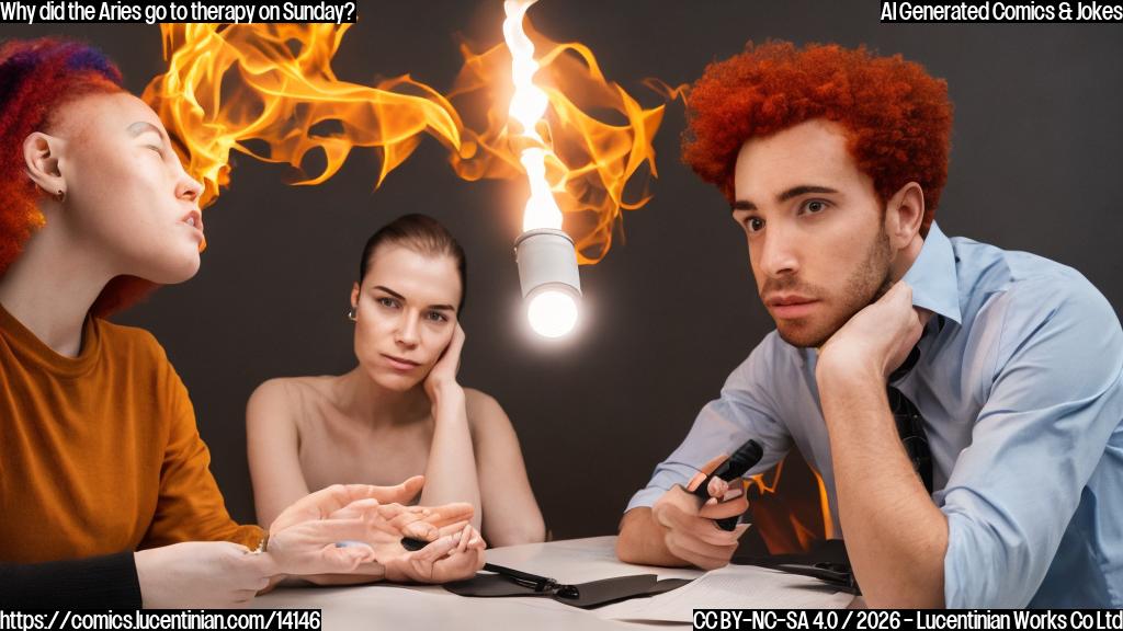 A person with fiery hair, wearing a bold outfit, and holding a torch, is sitting in a therapist's office. The person has a concerned expression on their face, while the therapist looks confused.