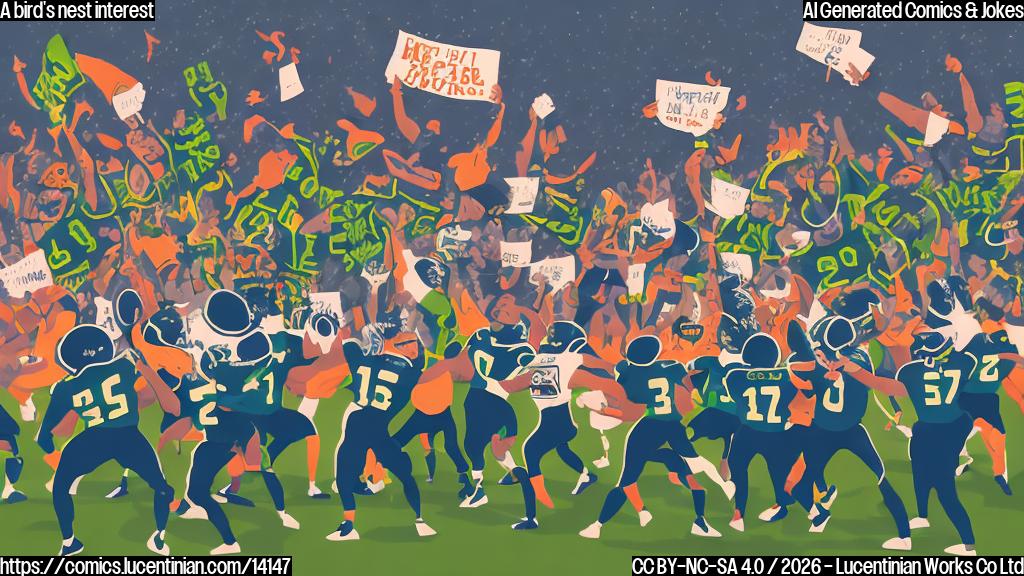 Draw a cartoon-style picture of a crowd cheering with arms raised in the air, surrounded by football players and a football field. The mascot is holding a sign that says "Wings of Support" and there's a bird sitting on the shoulder of a player wearing a Seahawks jersey.