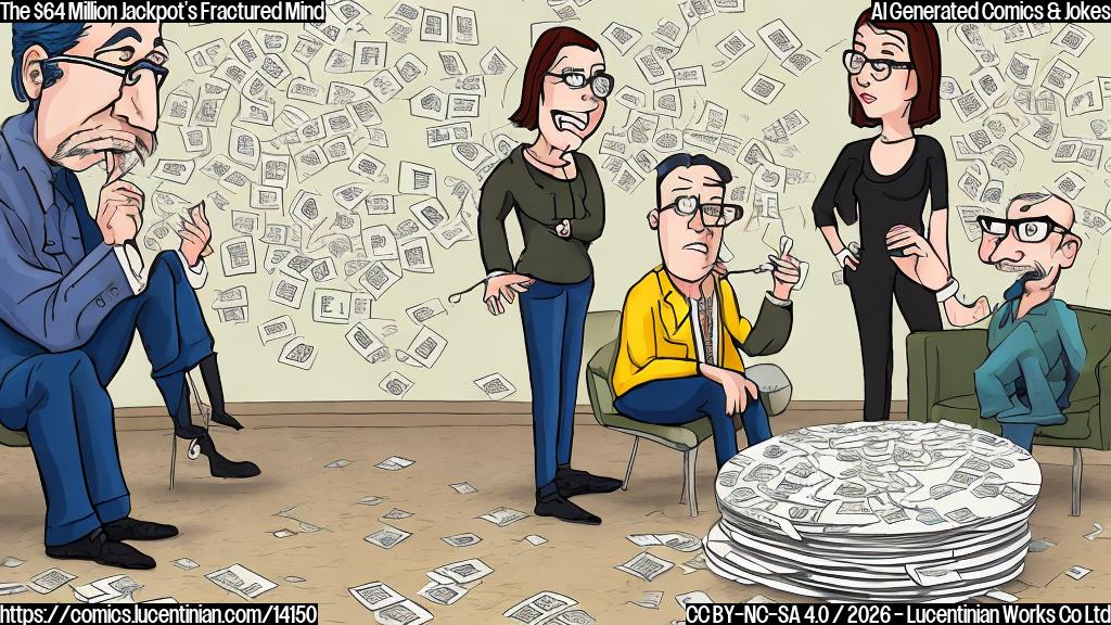 A cartoon of a giant number $64 surrounded by cracked glasses and a worried expression, with a therapist in the background listening intently.