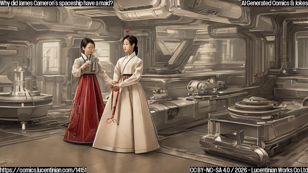 A spaceship with a maid standing next to it, wearing a traditional Korean hanbok dress and holding a vacuum cleaner in its hand. The spaceship should be depicted as a sleek, futuristic vessel with a hint of industrial design, while the maid should be rendered in a stylized, cartoonish manner to match the plain color style requested.