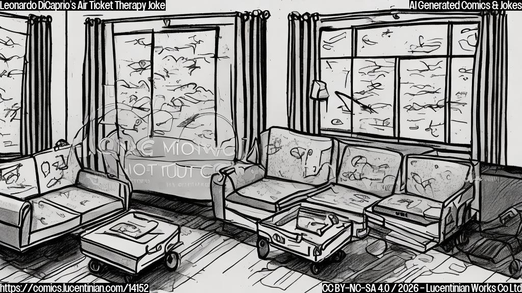 Draw a cartoon of a suitcase with a therapist's couch in the background. The suitcase should have a worried expression and a small airplane passing by outside its window. The entire scene should be in a plain, pastel color palette.