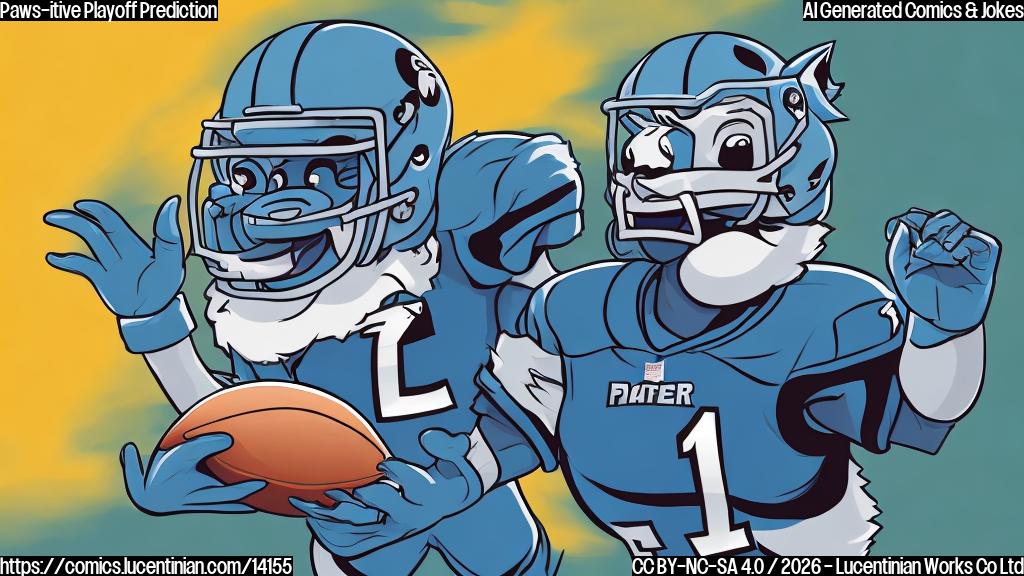 Draw a plain color cartoon style picture of a Panther wearing a football helmet, holding a football with a positive thought bubble above its head, standing next to a smiling Falcon wearing a similar helmet. The background should be a sunny field with some football fields in the distance.