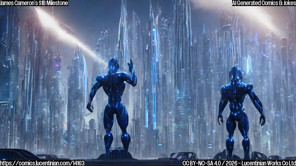 a large, blue-skinned humanoid character with a long, curved horn protruding from its forehead, standing in front of a futuristic cityscape with towering skyscrapers and flying vehicles, surrounded by a halo of light. The humanoid's arms are outstretched, as if embracing the city.
