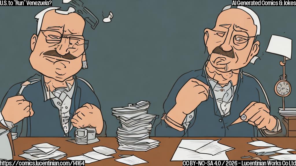 Illustration of a person (a middle-aged man) sitting at a desk, looking frustrated, with a country in chaos behind him. The country has a broken clock, a mess of papers, and a person in a "for sale" sign on the door. The man is holding a notepad and pencil, looking like he's trying to come up with a plan.