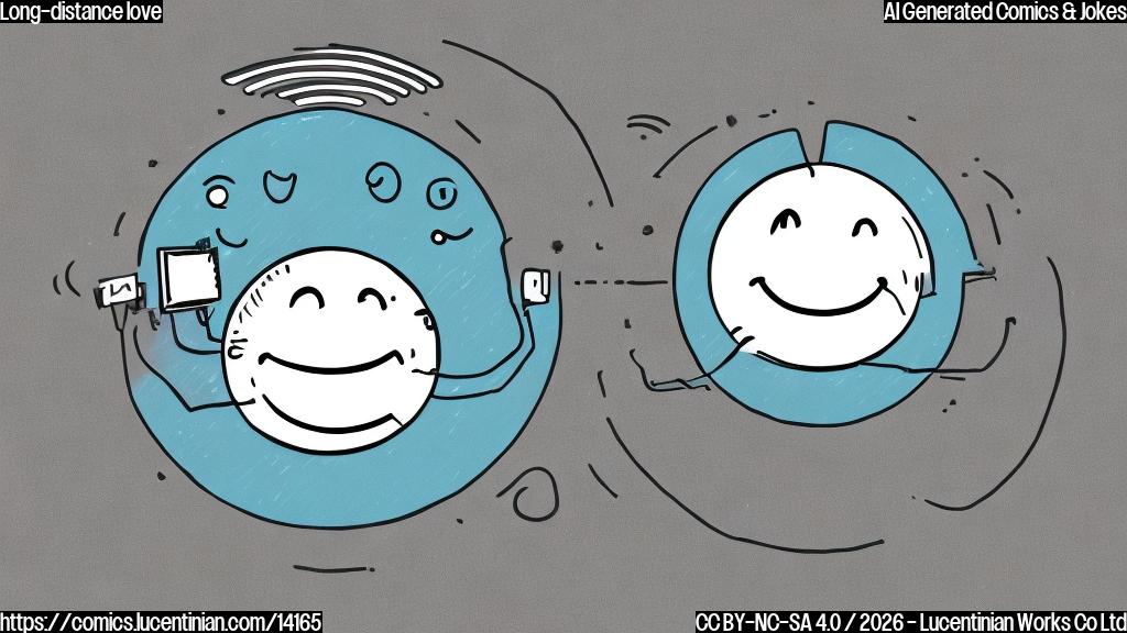 Draw a cartoon of a laptop with a smiling face, surrounded by a circle with a Wi-Fi signal inside. The laptop is connected to a TV on the other side of a large room, with no visible wires or cables. The laptop's smile should convey happiness and satisfaction.