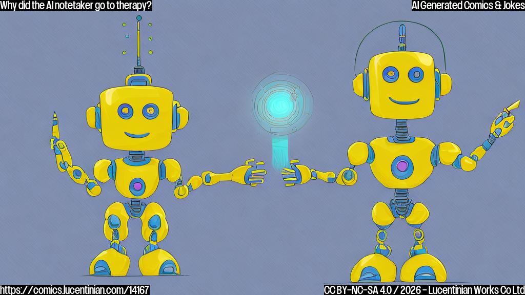 Draw a simple cartoon style picture of an AI robot with a puzzled expression, holding a notebook and pen, with a small pin icon on its chest. The background should be a calm blue color with a few subtle smiley faces scattered around.