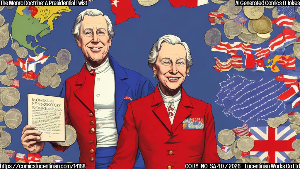 Describe a plain color cartoon style picture of a smiling, middle-aged man (the president) holding a book with a bold, red font title that reads "Monroe Doctrine". The book is open to a page with a map of the Americas and a red X marked over South America, with a smaller circle around Venezuela. The president is surrounded by flags and coins from different countries, with a few dollars bills floating in the air. His hands are gesturing as if he's signing an important document.