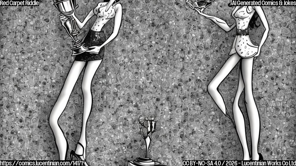 Draw a cartoon of a woman with long legs and high heels standing on top of a small step stool, holding a Hollywood-style award and smiling confidently. She should be dressed in a glamorous evening gown, with a red carpet background and flashing camera lights.