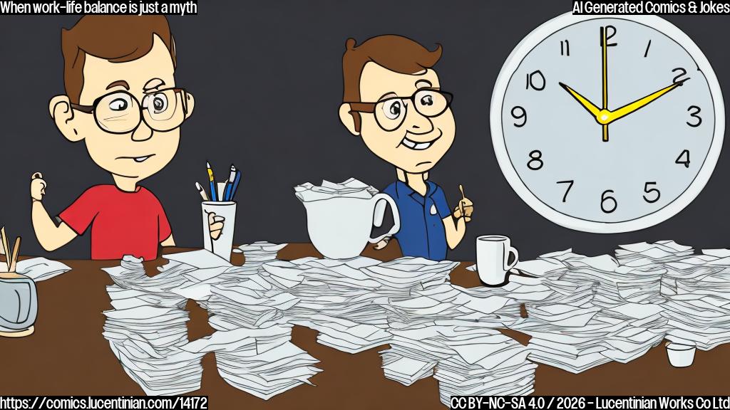 a cartoon of a person with a stressed expression, sitting at a desk with a ladder behind them, leaning against a clock in the background, surrounded by piles of paperwork and coffee cups
