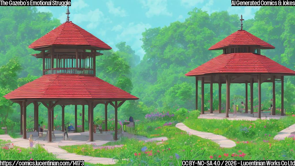 A colorful, simple illustration of a large, freestanding structure with solar panels on its roof. The gazebo is surrounded by lush greenery, with a few people walking towards it in the distance. The overall mood should be peaceful and serene, with subtle hints of the gazebo's emotional turmoil.
