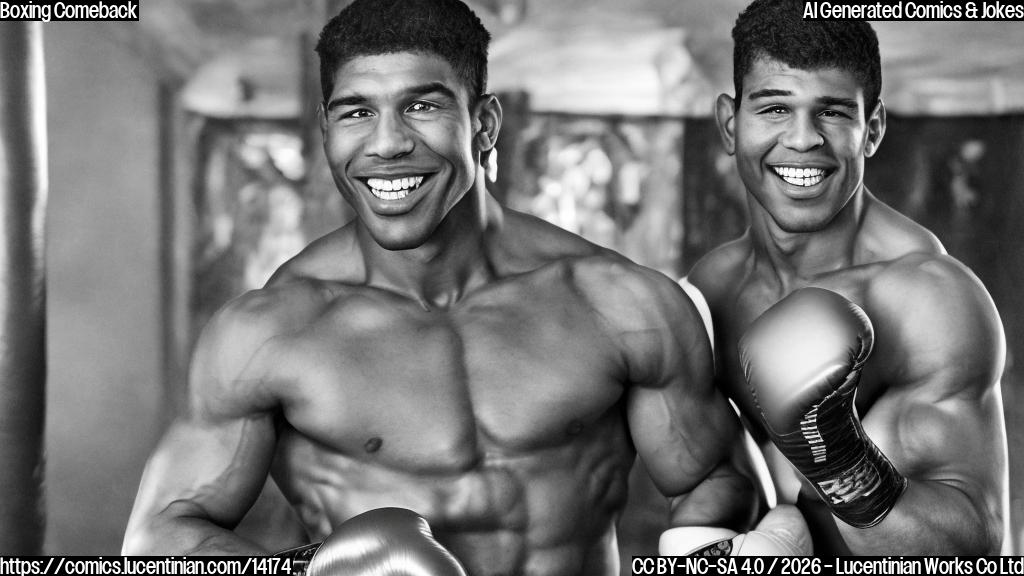 a muscular man with a big smile and a confident expression, standing in front of a staircase or ladder, wearing boxing gloves and holding a boxing robe, surrounded by boxing-themed elements such as ropes, gloves, and a championship belt