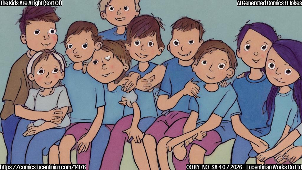 Draw a cartoon of five kids (two boys and three girls) sitting in a circle on a couch, looking slightly disheveled and holding onto each other. The background is a muted, pastel color with a subtle texture resembling therapy session notes. The kids have different facial expressions, ranging from sadness to relief.