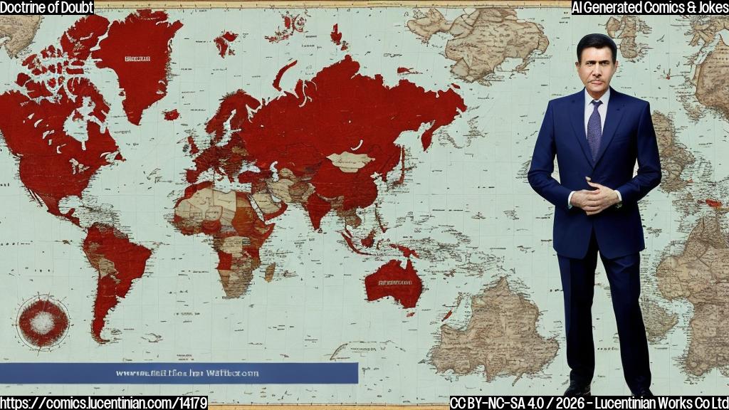 A stern-looking leader with a hint of an American accent and a suit, standing in front of a large map of the Western Hemisphere with a red X marked on it, surrounded by several other leaders from different countries who are looking at him skeptically. The background is a subtle gradient of blues and whites to represent stability and trust.