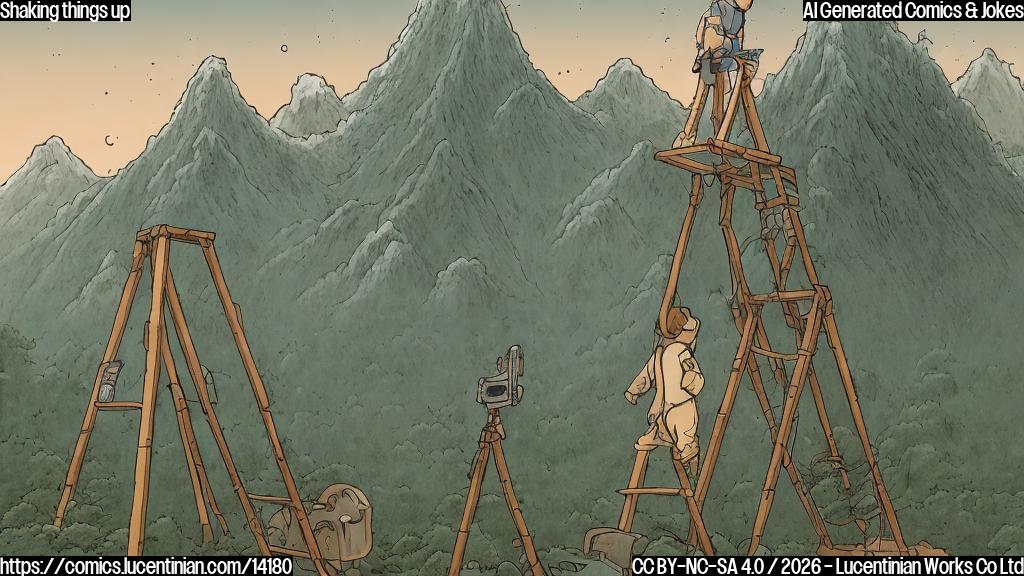 Draw a plain color cartoon style picture of a person standing next to a large, sturdy ladder with a measuring tape and a notebook on top. The background should show a subtle, blurred image of the Japanese landscape (mountains or cityscape). The ladder and equipment should be positioned near the epicenter of the earthquake, indicated by a faint, dotted line on the ground.