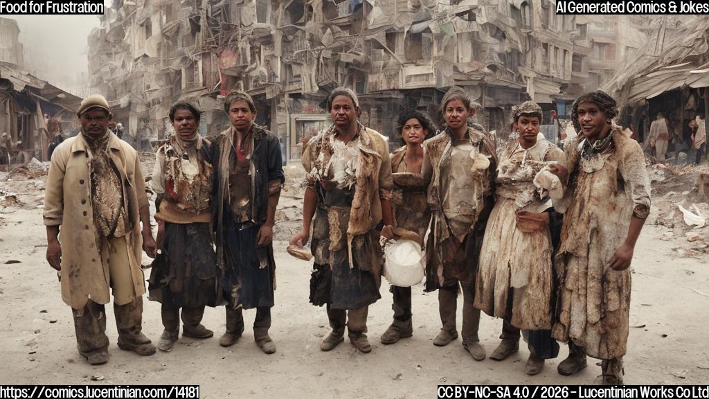 A group of protesters, dressed in traditional clothing with a mix of modern and worn-out attire, standing together in front of a small food cart with a few stale bread rolls and some wilted vegetables. The background is a blurred image of a dusty provincial city with crumbling buildings and a sense of desperation.
