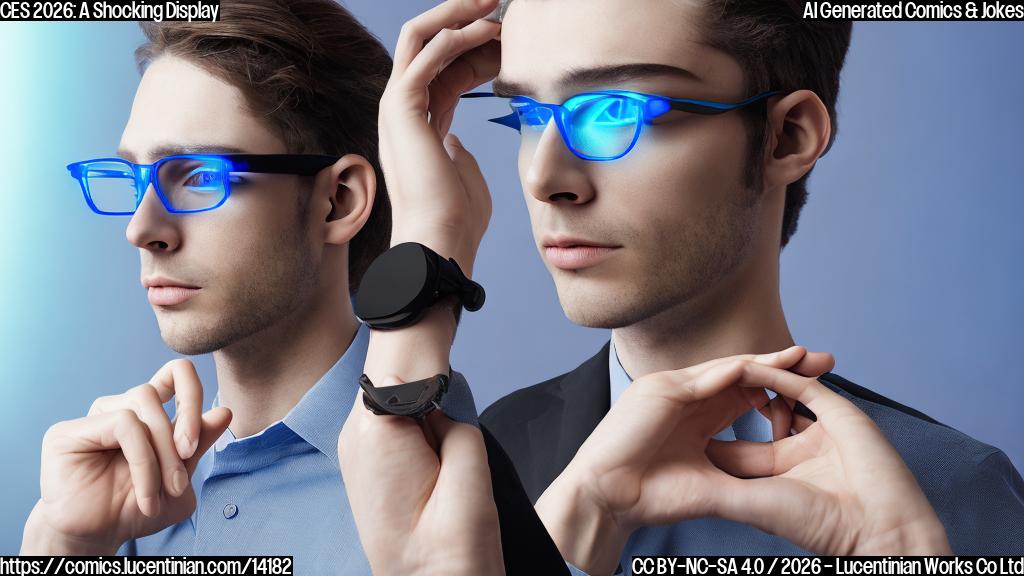 A pair of futuristic, sleek smart glasses with a glowing blue frame and lenses that change color depending on the environment, sitting on a therapist's couch, looking anxious and unsure
