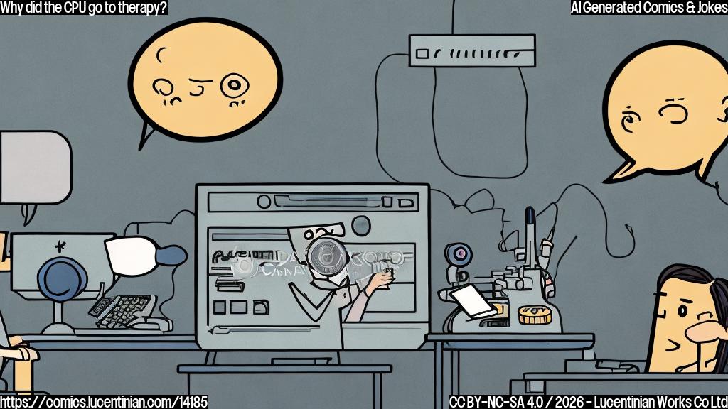 a cartoon of a CPU with a thought bubble and a therapist in the background, both looking worried, surrounded by calculators and computer screens