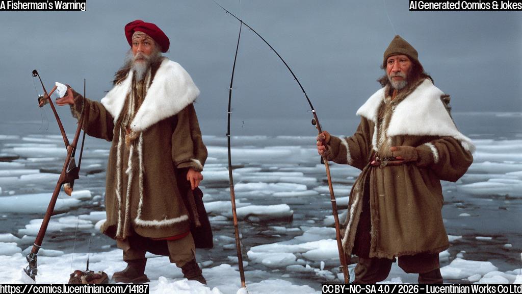 A stern-faced fisherman in traditional clothing stands on the shore of a frozen tundra, holding a fishing rod with a small spellbook open beside him. A wizard in a long coat and hat stands behind him, looking disappointed.