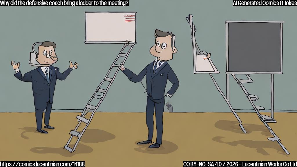 A plain color cartoon style picture of a man wearing a suit and holding a ladder while standing in front of a large whiteboard with football play diagrams on it. The ladder should be positioned next to the defensive coordinator, who is smiling and looking confident. In the background, there's a faint image of Kevin Stefanski walking away from the scene with his hands up in defeat.