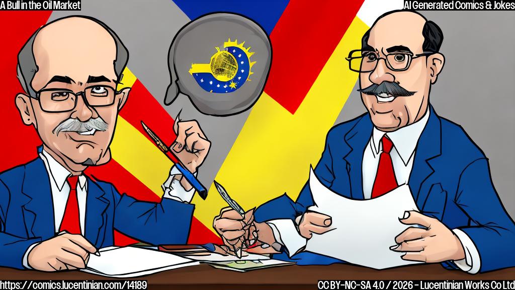 Draw a cartoon style picture of a bespectacled economist sitting at a desk with a chart showing rising oil prices in the background, while a Venezuelan flag hangs behind them with a torn edge, and a thought bubble above their head displaying a scribbled-out "Maduro" with a red X through it.