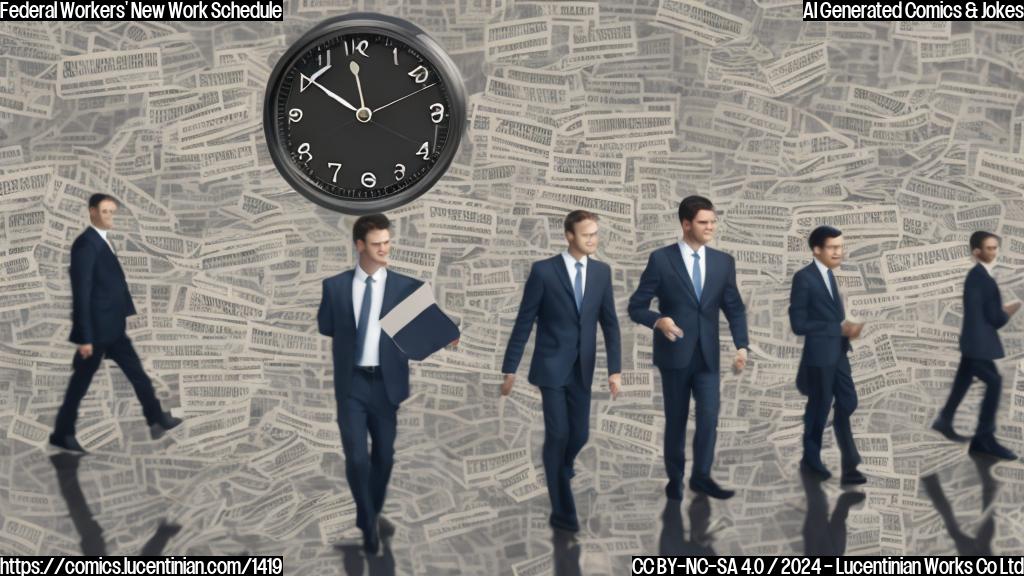 A group of suited figures with briefcases walking in different directions, one with a clock on their wrist, amidst a blurred background of computers and papers